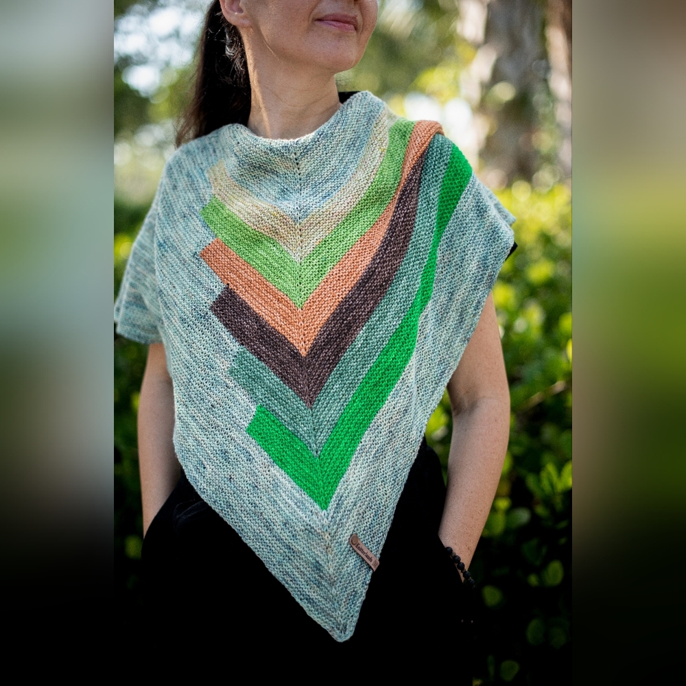Hand Knitted Shawl Striped Light Hand Dyed Wool Blue Green Orange Shiny Stellina